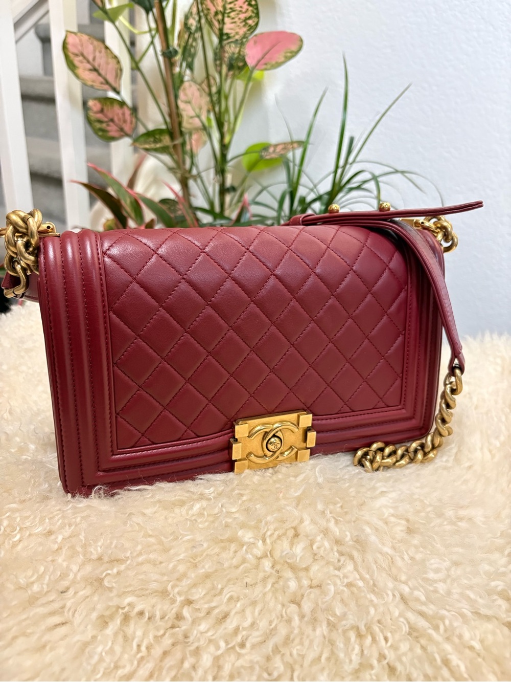 Chanel Boy Burgundy Quilted Lambskin Leather New Medium